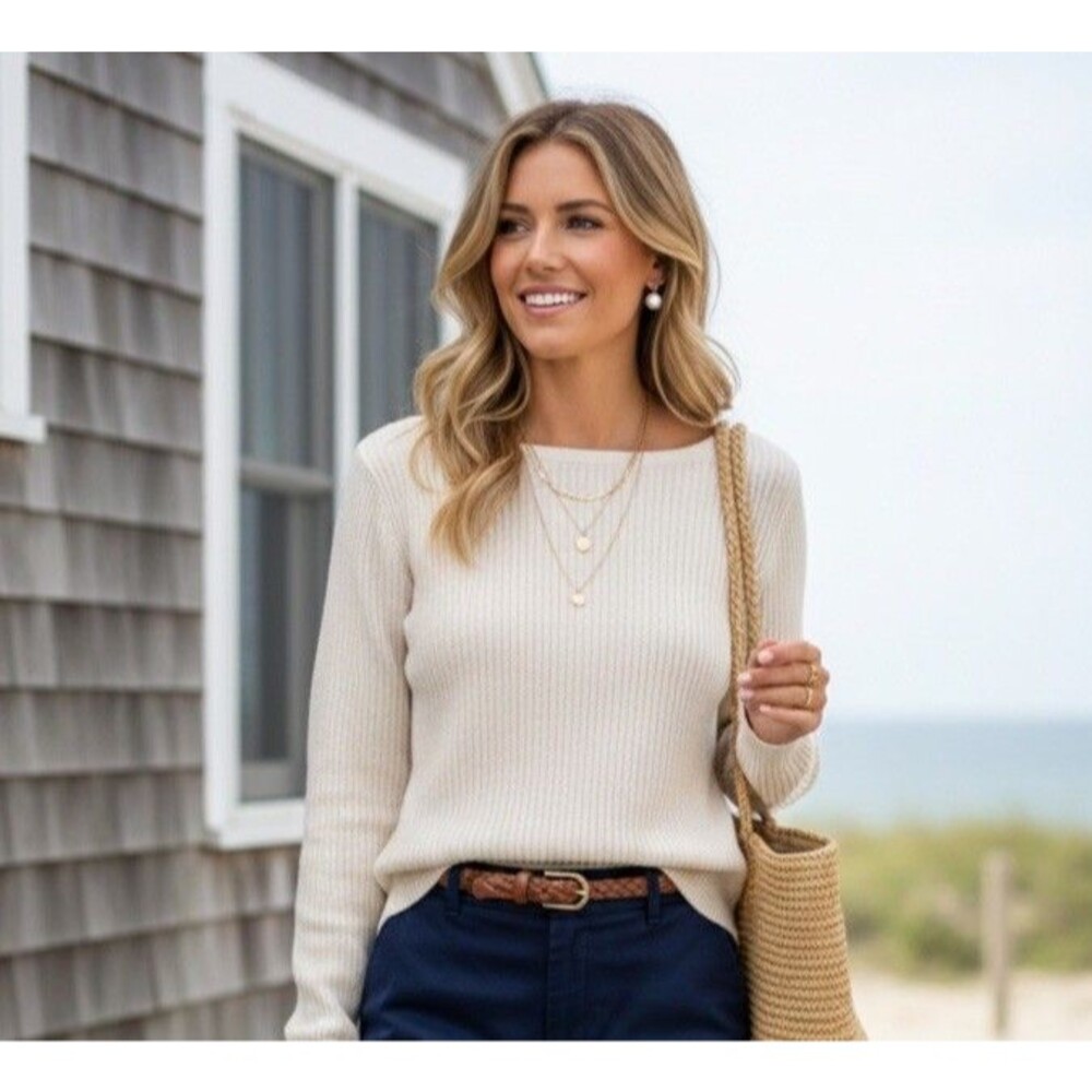 J.Jill Beige Cable Knit Pullover Sweater Coastal Grandma Cotton Minimalist M